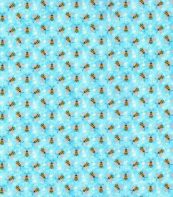 Fabric Traditions Bumblebees Light Blue Novelty Glitter Cotton Fabric, , hi-res, image 2