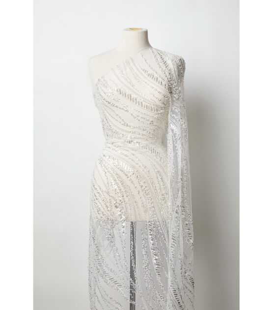 Badgley Mischka White Pearl Sequin Beaded Mesh Fabric, , hi-res, image 2