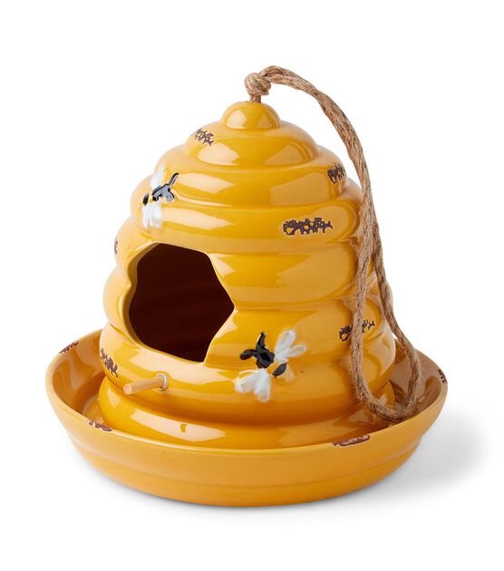 8" Spring Yellow Ceramic Beehive on Plate Birdhouse by Place & Time