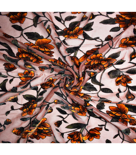 Orange Floral Velvet Burnout Fabric