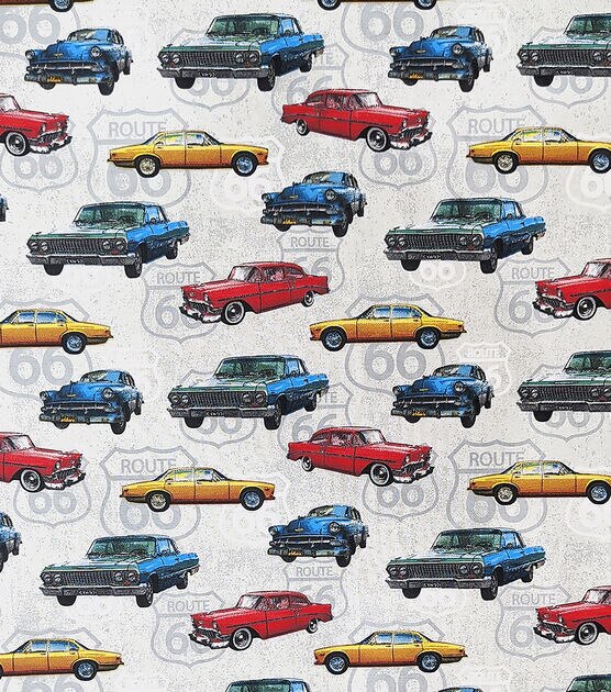 Route 66 Vintage Cars Novelty Cotton Fabric, , hi-res, image 2
