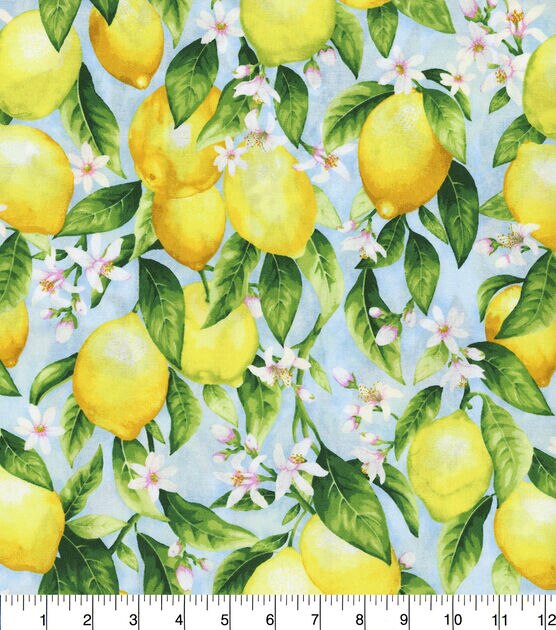 Hi Fashion Lemons And Floral On Light Blue Premium Print Cotton Fabric, , hi-res, image 2
