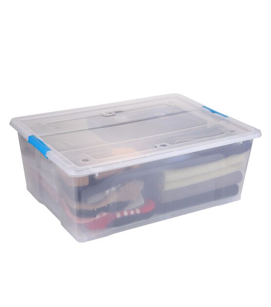Stackable Blue Craft Storage Containers with 2 Trays and Labels, Plastic  Grid Organizer Box (10.5 x 7 x 9.5 In)
