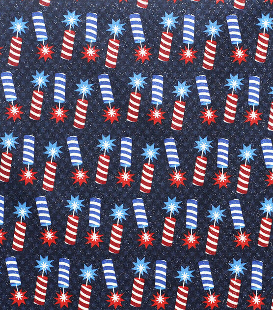 Tossed Firecrackers Patriotic Glitter Cotton Fabric
