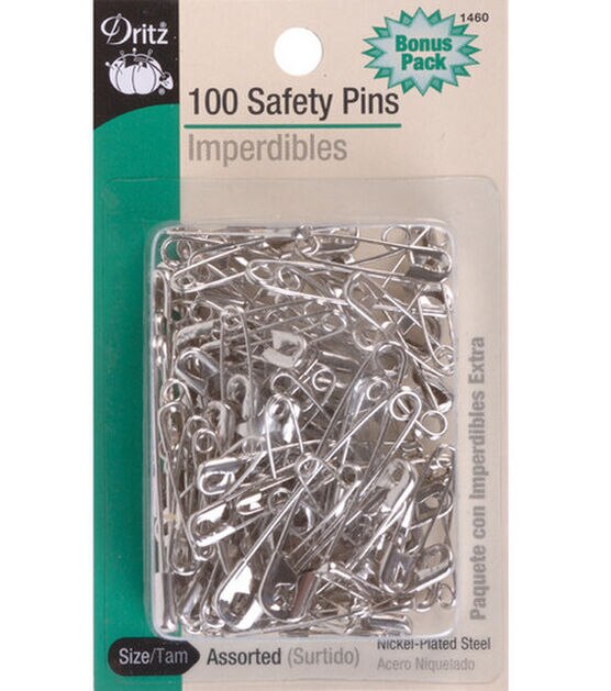 Dritz Safety Pins, Assorted Sizes, Nickel, 100 pc