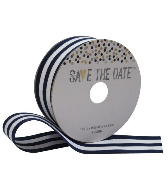 Save the Date 1.5" x 15' Navy & White Stripe Ribbon