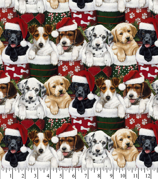 David Textiles Puppies in Stocking Christmas Cotton Fabric