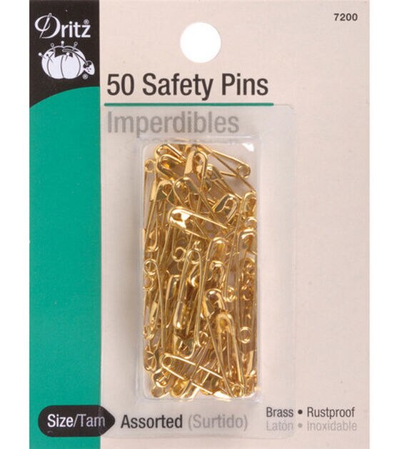 Dritz Safety Pins, Assorted Sizes, Gilt, 50 pc