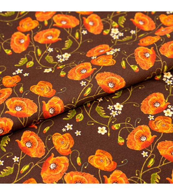 Singer Poppy Flowers on Brown Quilt Cotton Fabric, , hi-res, image 2