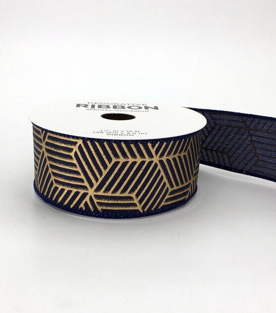 Save the Date 1.5" x 15' Gold Geometrics on Navy Ribbon