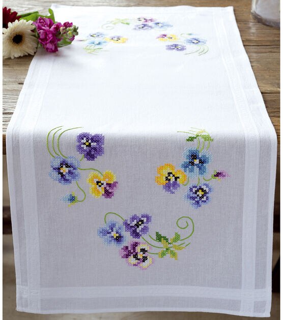 Vervaco 16" x 40" Pretty Pansies Table Runner Stamped Embroidery Kit, , hi-res, image 2