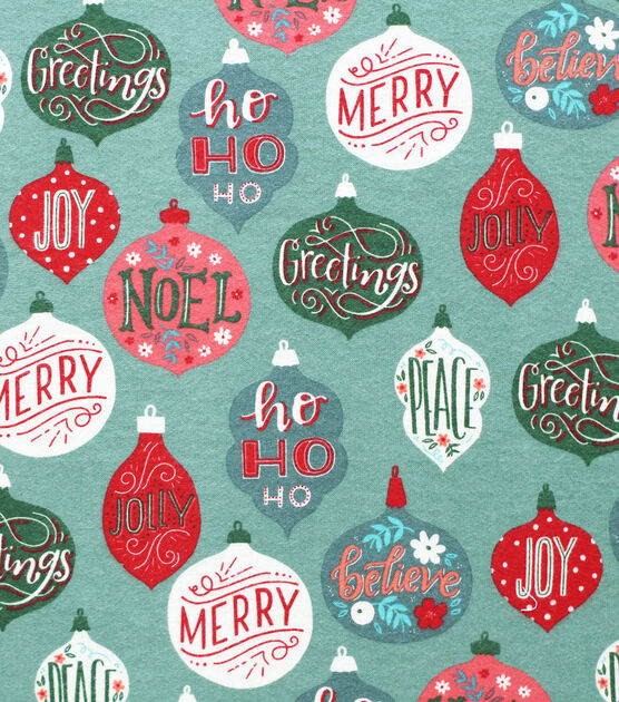 Word Ornaments on Blue Super Snuggle Christmas Flannel Fabric