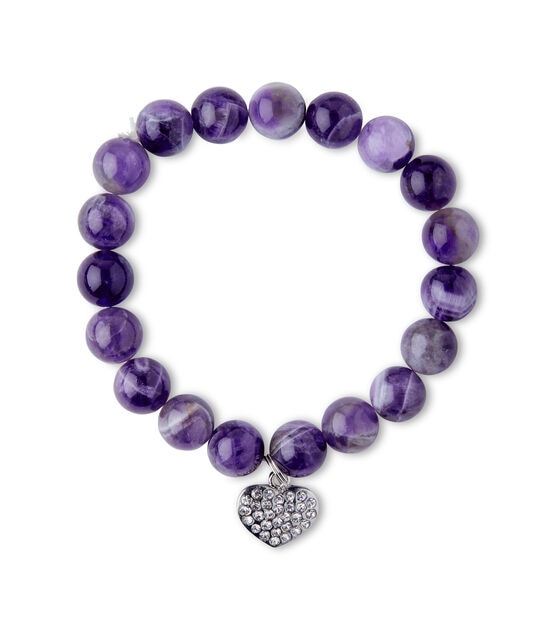 Purple Beaded Stretch Bracelet With Silver Heart Charm by hildie & jo, , hi-res, image 2