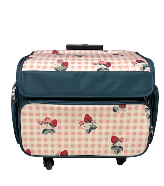 13" Strawberries on Plaid Rolling Sewing Storage Tote by Top Notch