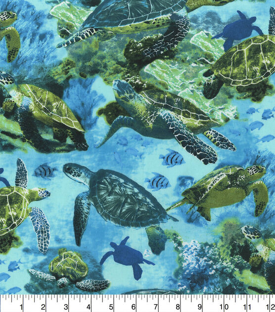 Hi Fashion Sea Turtles in Ocean Novelty Cotton Fabric, , hi-res, image 2