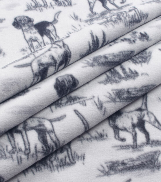 Hunting Dogs on White Anti Pill Fleece Fabric, , hi-res, image 2