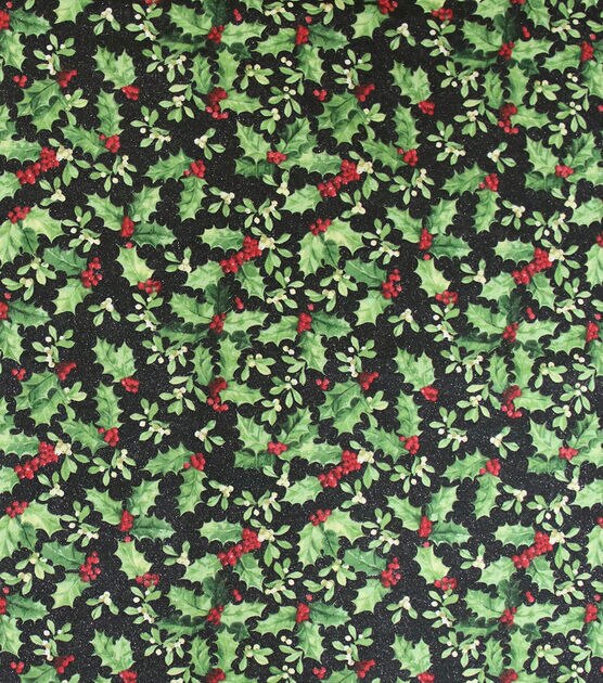 Holly Leaves on Black Christmas Glitter Cotton Fabric, , hi-res, image 2