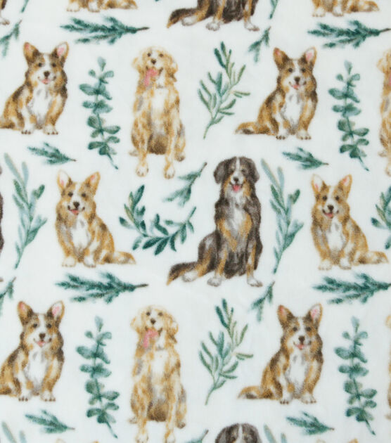 Dogs & Leaves on White Anti Pill Fleece Fabric