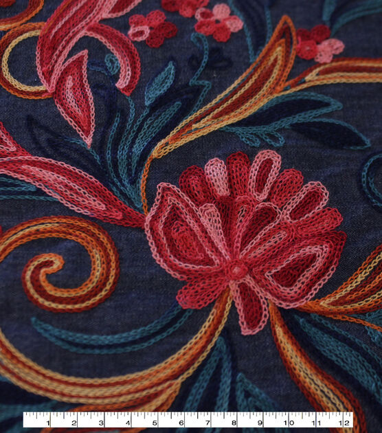Dark Wash Multicolor Border Floral Embroidery Cotton Denim Fabric, , hi-res, image 3