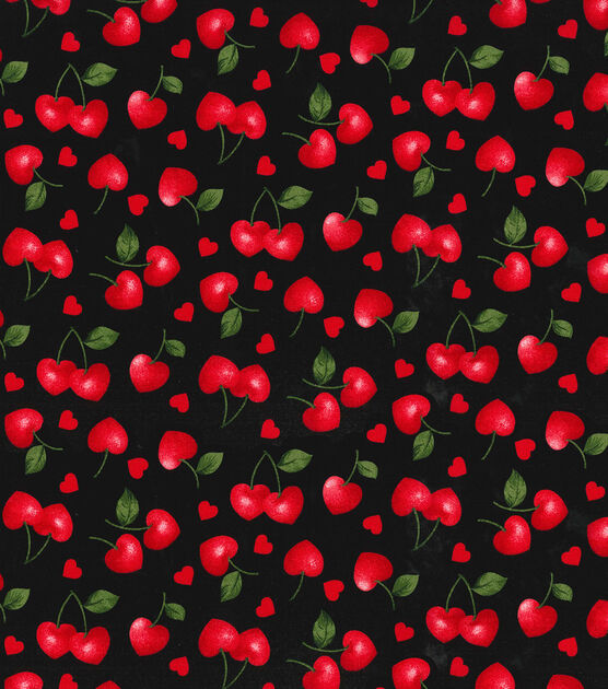 Fabric Traditions Cherry Hearts On Black Valentine's Day Cotton Fabric, , hi-res, image 2