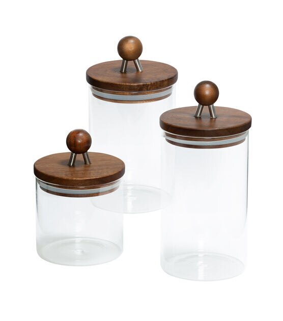 Honey Can Do 4" x 9" 3ct Glass Canisters & Wood Acacia Lids, , hi-res, image 5
