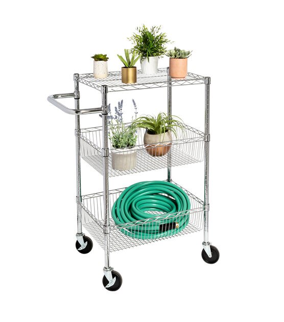 Honey Can Do 18" x 40" Steel Silver Chrome 3 Shelf Rolling Utility Cart, , hi-res, image 5