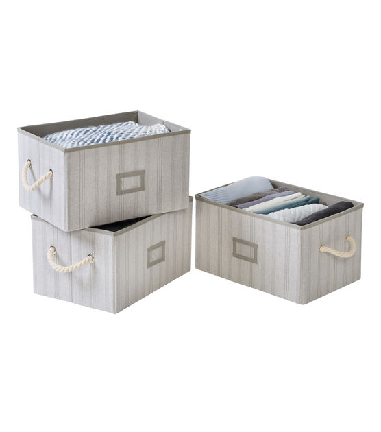Honey Can Do 14.5" Gray Striped Fabric Storage Bins With Handles 3pk, , hi-res, image 2