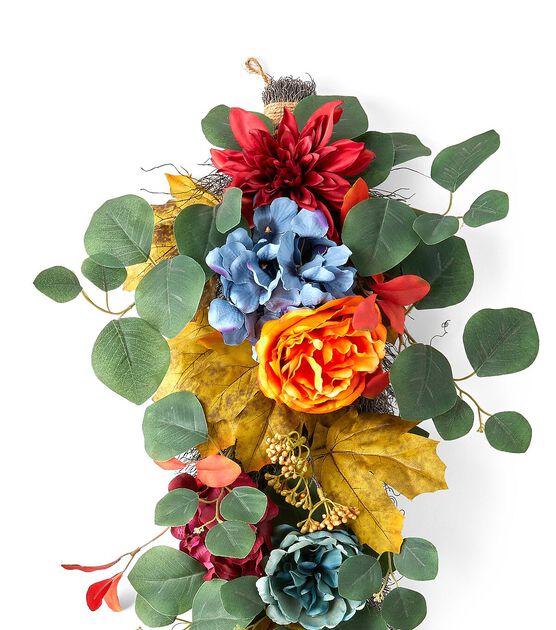 28" Fall Red Dahlia & Blue Peony Teardrop Wreath by Bloom Room, , hi-res, image 2