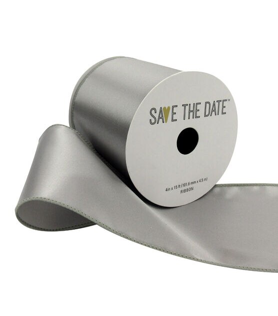 Save the Date 4"x15' Light Gray Satin Ribbon