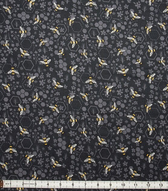 Bees On Black Floral Novelty Cotton Fabric