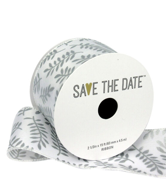 Save the Date 2.5" x 15' Silver Ferns on White Ribbon