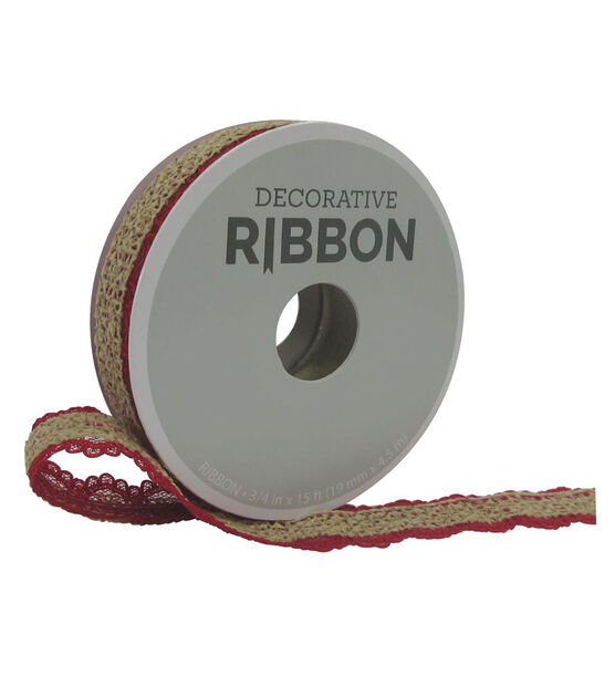 Decorative Ribbon Burlap on Lace 3/4''x15' Red
