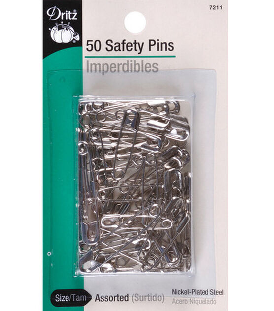 Dritz Safety Pins, Assorted Sizes, Nickel, 50 pc