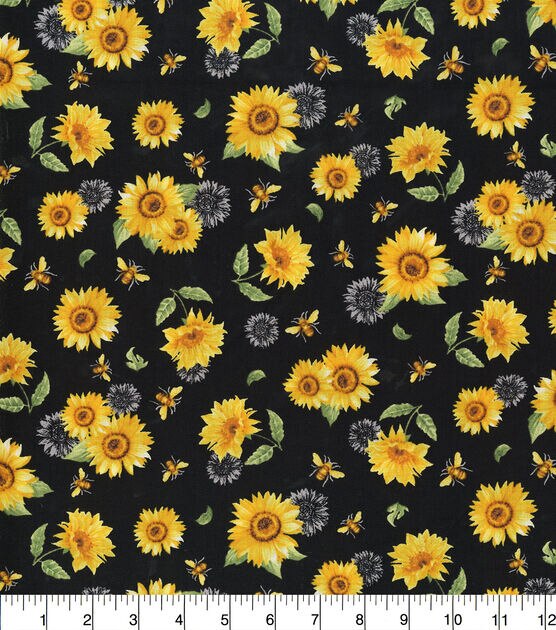 Hi Fashion Sunflowers And Bees Black Premium Print Cotton Fabric, , hi-res, image 2