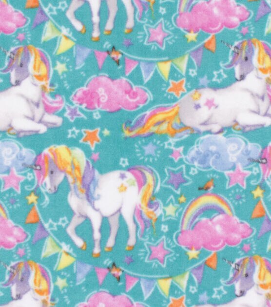 Anti Pill Plush Fleece Fabric Unicorns on Teal | JOANN