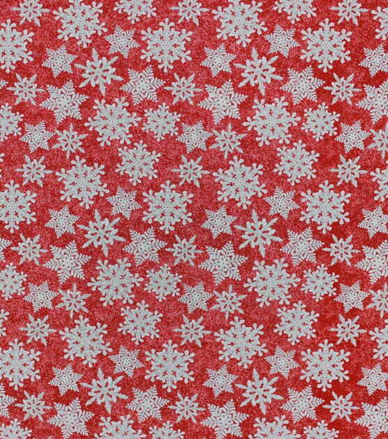 Snowflakes on Red Christmas Glitter Cotton Fabric