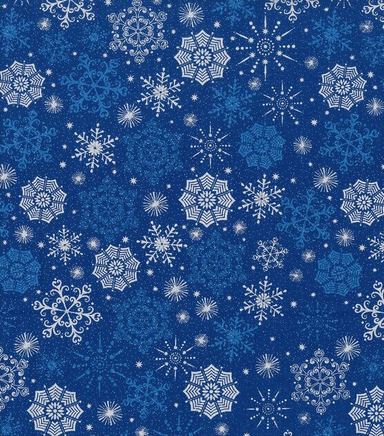 Snowflakes on Blue Christmas Metallic Cotton Fabric
