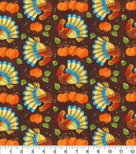 Fabric Traditions Prancing Turkeys On Brown Harvest Cotton Fabric