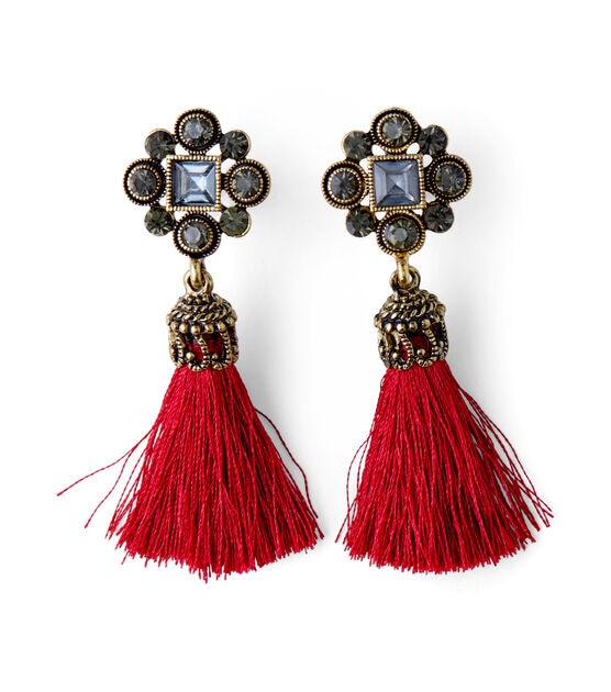 Antique Gold & Red Tassel Dangle Earrings by hildie & jo, , hi-res, image 2