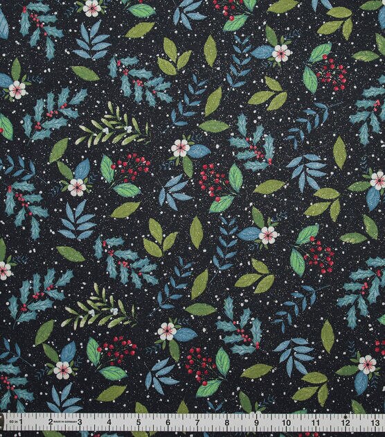 Berries & Leaves on Black Christmas Glitter Cotton Fabric