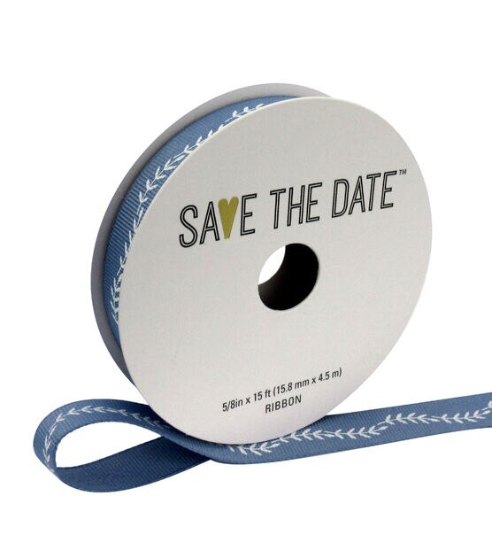 Save the Date 5/8" x 15' White Ferns on Gray Blue Ribbon