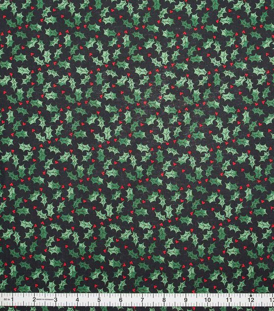 Holly Leaves & Berries on Black Christmas Cotton Fabric | JOANN