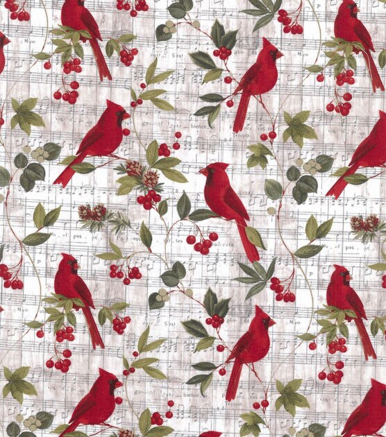 Cardinal & Leaf on Music Notes Christmas Cotton Fabric, , hi-res, image 2