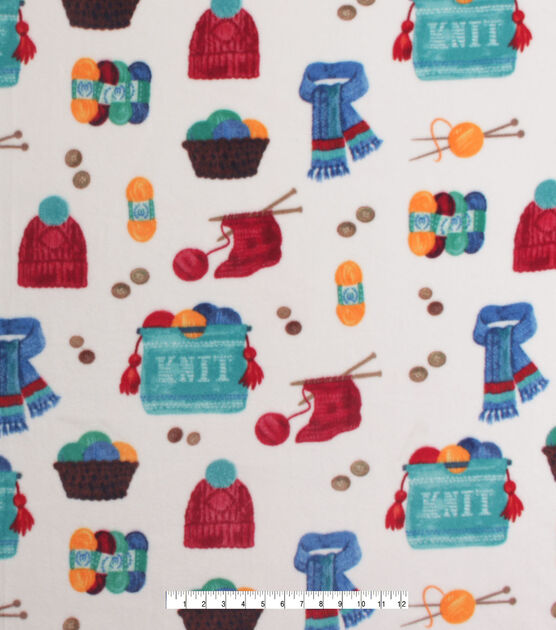 Knitting Supplies on White Anti Pill Fleece Fabric, , hi-res, image 2