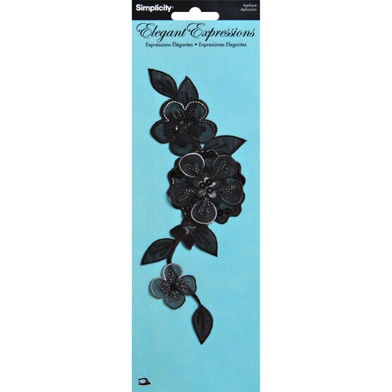 Simplicity 8" x 3" Black Floral Iron On Patch