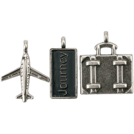 Travel Metal Charms 1"X.5" To 1"X1.25" 3 Pkg Journey Tag/Suitcase/Airplane