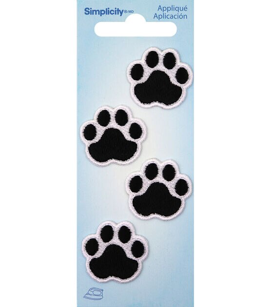 Simplicity 1" Black Cat Paw With White Embroidery Iron On Patches 4pk