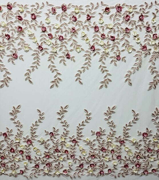 White Leafy 3D Floral Embroidered Mesh Fabric by Sew Sweet, , hi-res, image 1