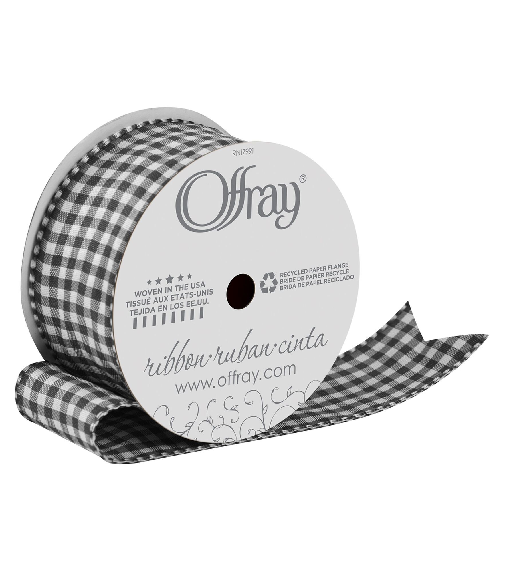 Offray 1.5" x 9' Gingham Tafetta Ribbon With Wired Edge, White And Black, hi-res