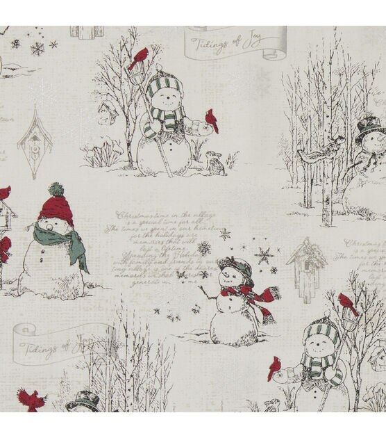 Metallic Happy Snowman on Cream Christmas Cotton Fabric